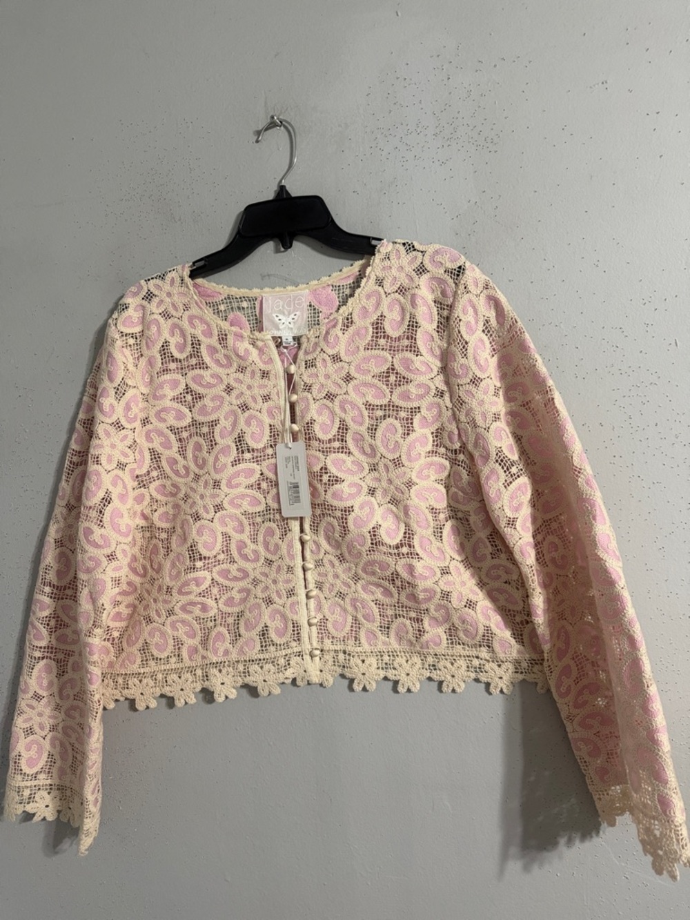 NWT Johnny Was Pink & Cream Crochet Lace Pearl-Button Blazer